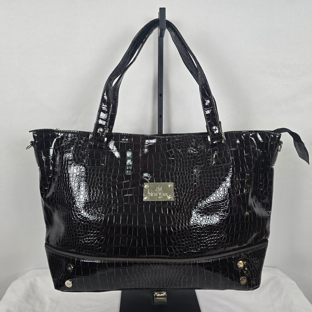 JM New York Tote Travel Black Faux Alligator Double Shoulder Strap 21" x 13" x6"
